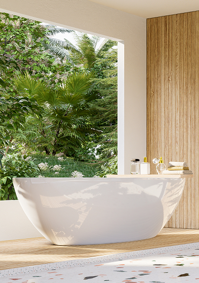 Spa-inspired bathroom remodel with walk-in shower, custom tile, and floating vanity